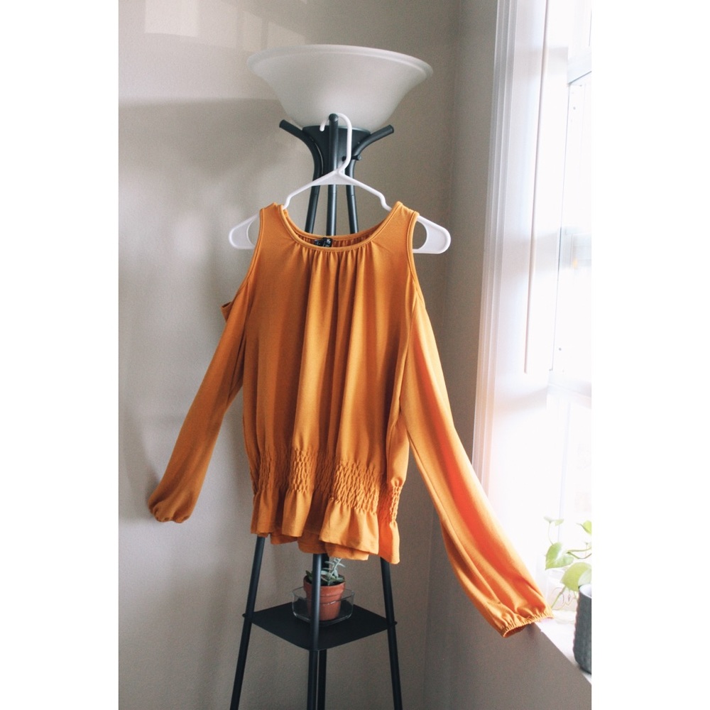 A Yellow, Off the Shoulder, Long Sleeve, Shirt